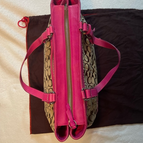Coach Signature Canvas Pink Leather Trim Business Tote Laptop Work Bag F6432 - Picture 8 of 16